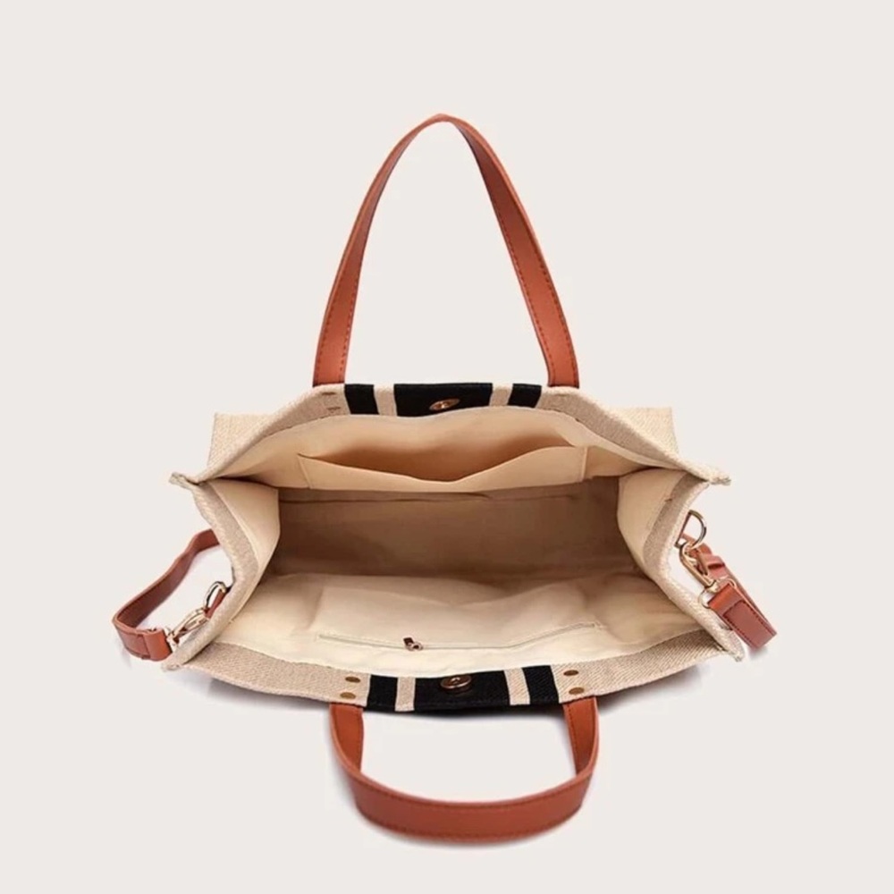 Striped satchel bag neutral tan black brown - Picture 5 of 6